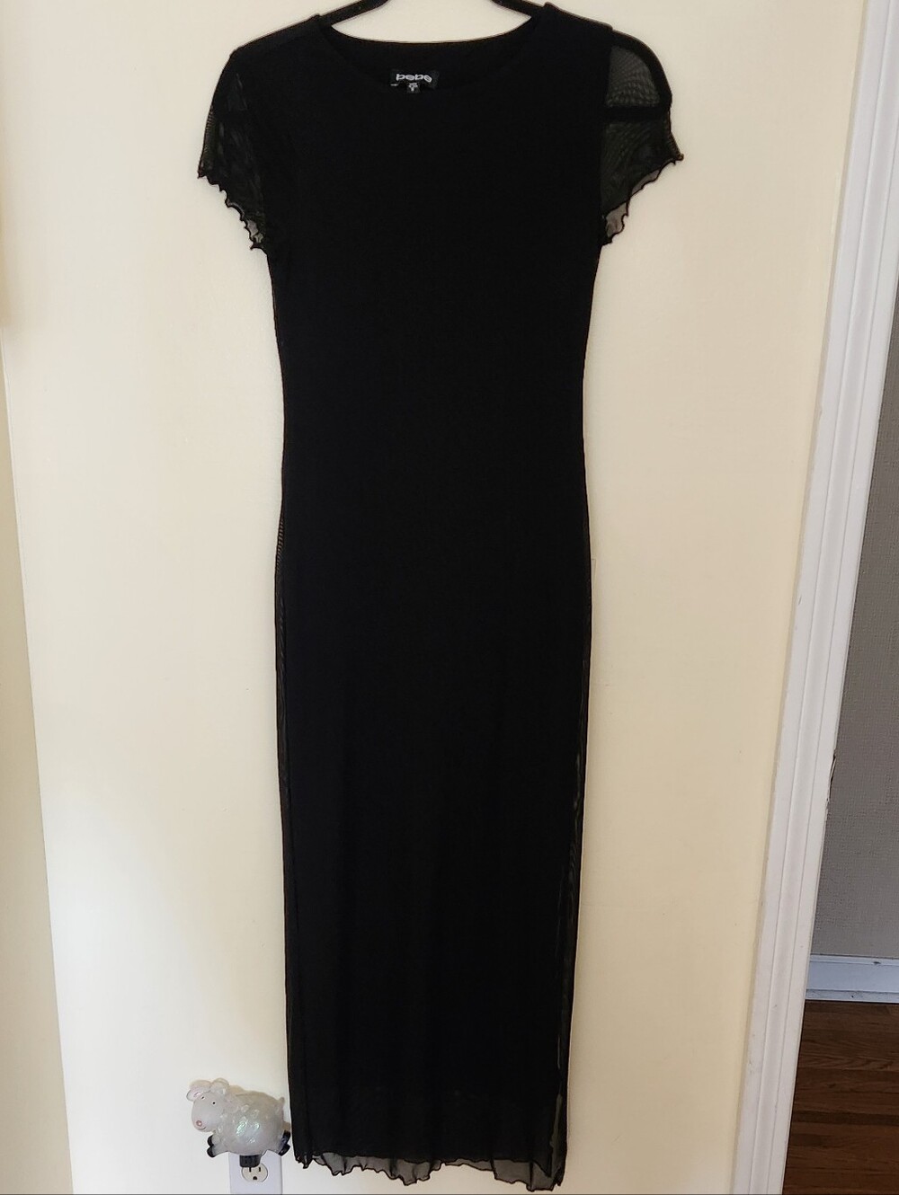 Vtg Bebe Mesh Overlay Whimsigoth Lettuce Trim Hem Long Maxi Dress USA S
